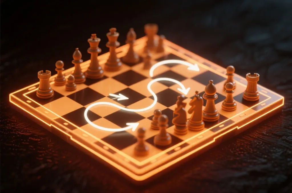 Abstract glowing chessboard with tactical arrows representing strategic match analysis