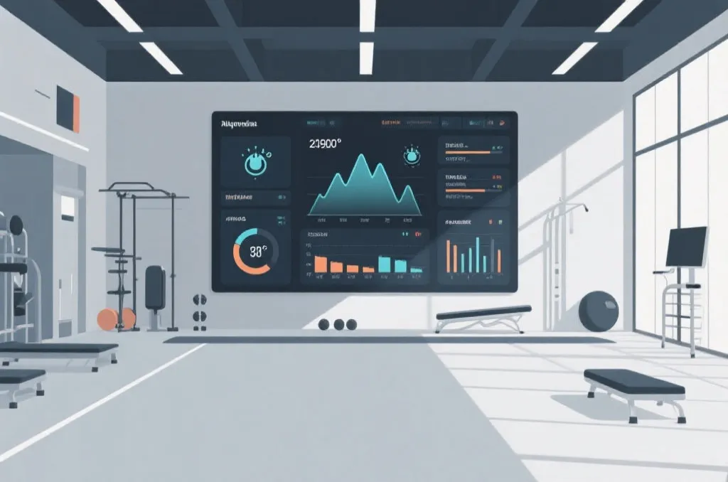 Conceptual illustration of sports science analytics with graphs showing player recovery levels, altitude, and climate variables
